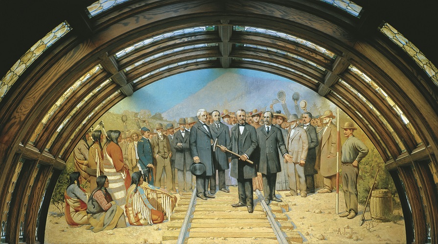 The painting "Driving the Golden Spike," depicting the completion of the Northern Pacific Railroad.