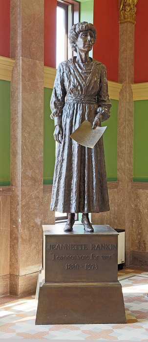 A life-sized bronze statue of former Montana representative Jeanette Rankin.