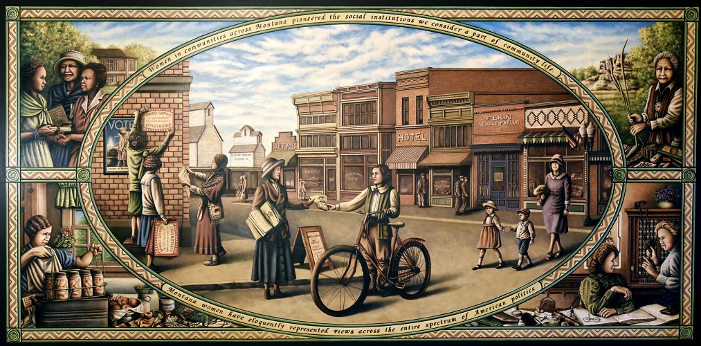 The &lsquot;Community&rsquot; section of the &lsquot;Women Build Montana&rsquot; murals, depicting how women have politically and economically contributed to Montana's communities.