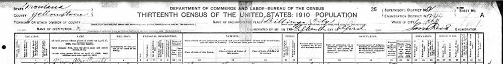 Detail of 1910 Census, Billings, MT, Enumeration District 244 Sheet 1A.