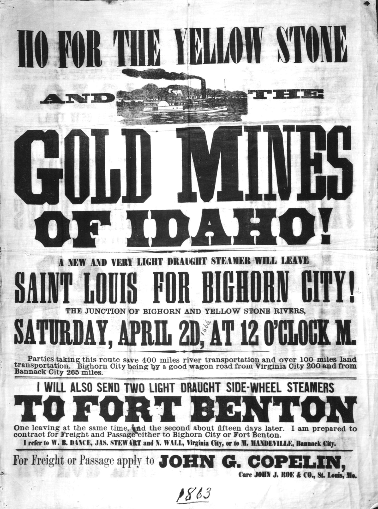 Poster advertising departure of two steamboats from St. Louis to Fort Benton, April 2, 1863. P-157