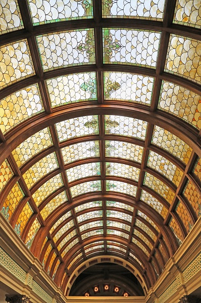 The Grand Stairway's stained-glass barrel-vault ceiling.