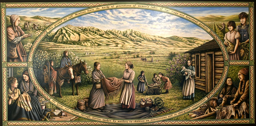 The ‘Culture’ section of the ‘Women Build Montana’ murals, depicting the various ways in which Montanan women have contributed to our state's cultural heritage.
