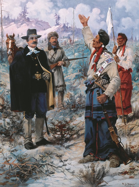 The painting "The Surrender of Chief Joseph." Joseph stands on the right, gesturing towards the sky, while another Nez Perce stands behind him, holding a white flag. Two U.S. Generals stand to the left, watching Joseph. U.S. army soldiers can be seen in the distant background.