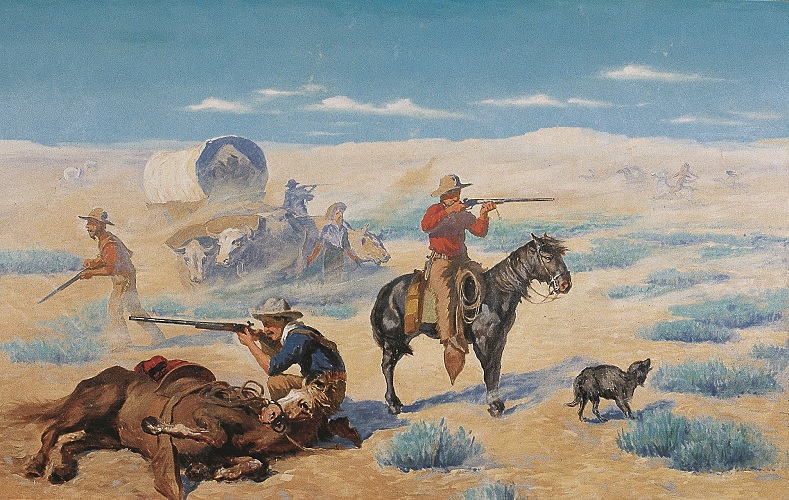 The painting "Emigrant Train Being Attacked by the Indians," depicting settlers on the Oregon Trail holding guns, ready to shoot, while positioned in front of a wagon.