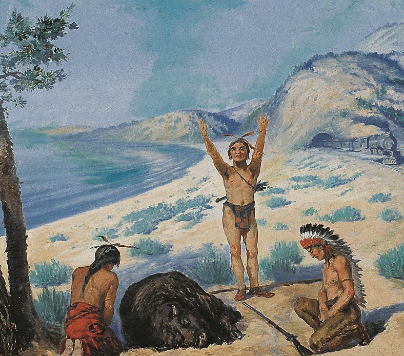 The painting "Farewell to the Buffalo," depicting Native Americans standing around a buffalo they hunted in front of a rural Montana landscape. In the right-hand side of the painting, a train can be seen coming through a railroad tunnel.