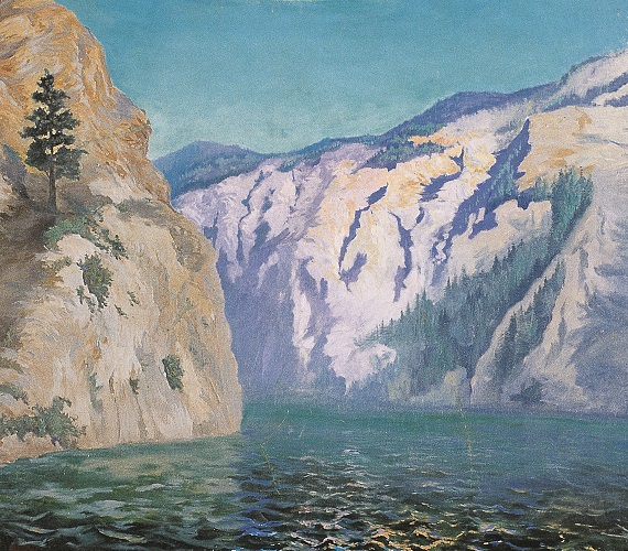 The painting "Gates of the Mountains," depicting the titular landscape on the Missouri River.
