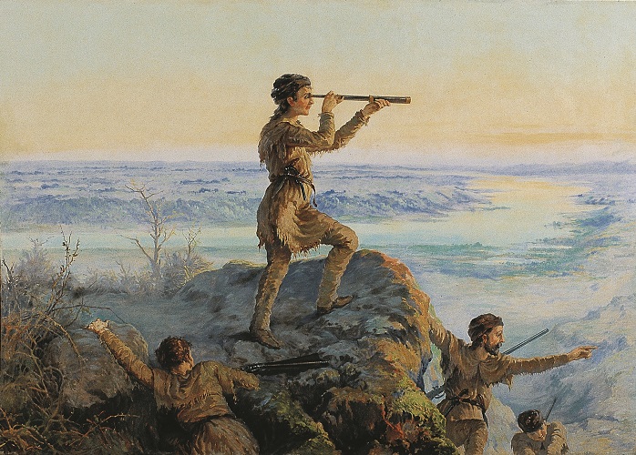 The painting "Lewis' First Glimpse of the Rockies," depicting Meriwether Lewis looking through a telescope out onto a Montana landscape near the Rocky Mountain Front.