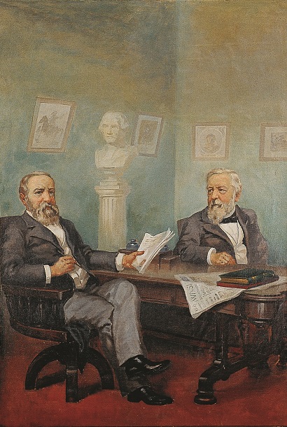 The painting "Signing the Proclamation of Statehood." President Benjamin Harrison is seated on the left-hand side of the painting, holding the Proclamation, while Secretary of State James G. Blaine sits behind a desk in the right-hand side of the painting.