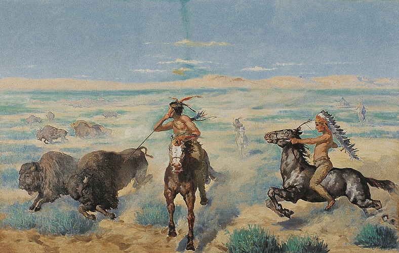 The painting "The Chase of the Buffalo," depicting Native Americans wielding spears and bows on horseback, hunting a herd of buffalo.