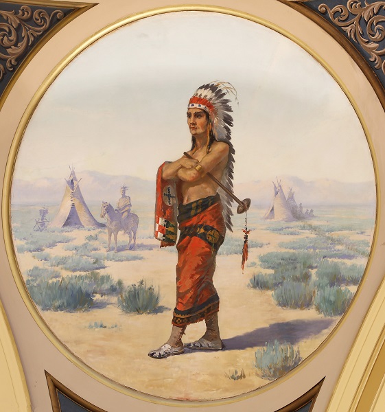 A painting of Salish chief Charlo posing in front of two tepees.