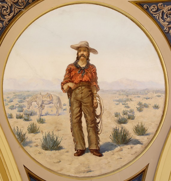A painting of a cowboy holding a rope in front of an eastern Montana landscape.