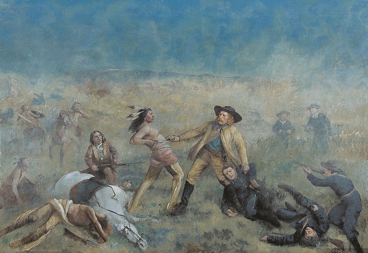 The painting "Custer's Last Battle." Custer is depicted fighting an unidentified Sioux warrior at the center of the painting. They are surrounded by dead and injured men and horses, while in the background more Sioux can be seen riding into battle on horseback.