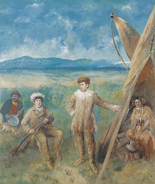 The painting "Lewis and Clark at Three Forks." Lewis and Clark and in the center of the painting, while Yorke is in the left-hand background, holding a pan. Sacagawea is seated in a tepee in the right side of the painting.
