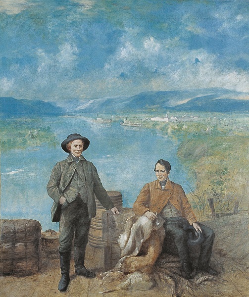 The painting "Old Fort Benton." Two men dressed in fine coats, with fur pelts and wooden boxes behind them. Fort Benton can be seen behind them in the right-hand side of the painting, while Blackfeet tepees are in the left-hand side of the painting's background.