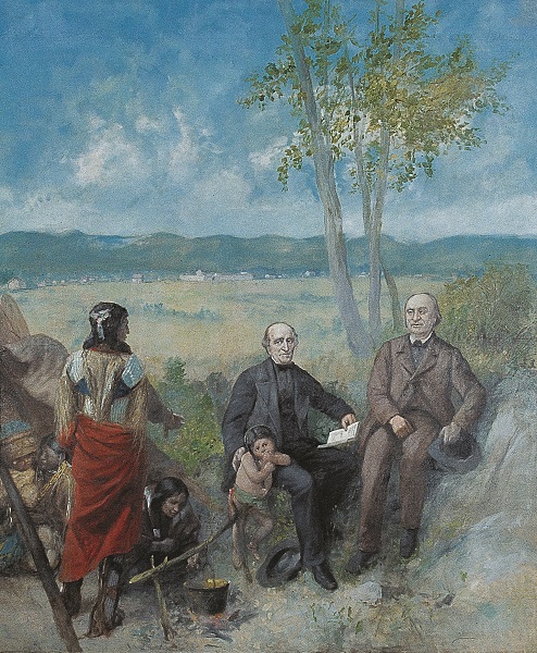 The painting "Old Fort Owen." Jesuit priests Anthony Ravalli and Pierre-Jean De Smet are seated in the right-hand side of the painting, while a Salish family are cooking over a fire off to the right. One of the priests holds a Salish child, and Fort Owen is in the background.