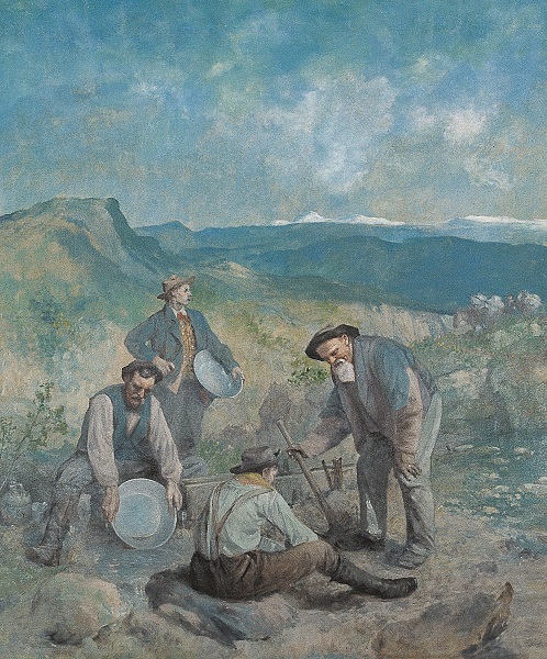 The painting "Prospectors at Nelson Gulch." Four miners are in the center of the painting; two are holding pans, while the others are working by a sluice. Mountains are in the distant background.
