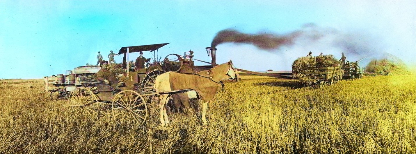 Vintage photo farmers harvesting hay with a steam tractor