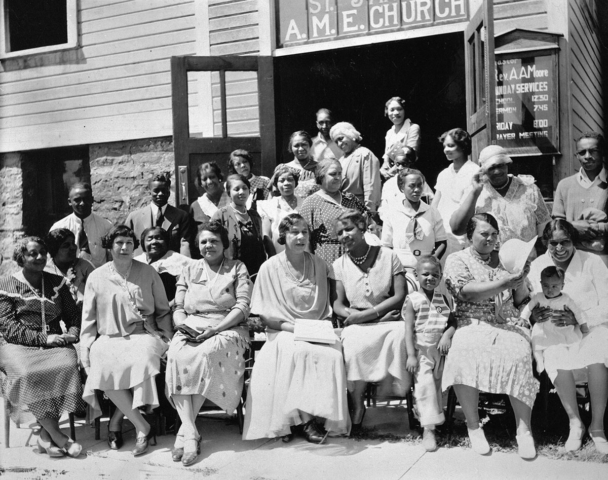 Clubwomen outside St. James A.M.E. Church, Helena, MT, MTHS 96-25 4b