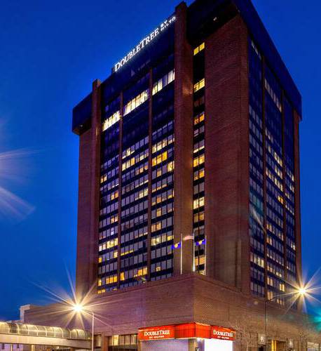 Nighttime view of the DoubleTree by Hilton hotel in downtown Billings.
